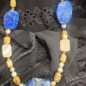 Lapis And Pearl And Stone Necklace Vintage Rare